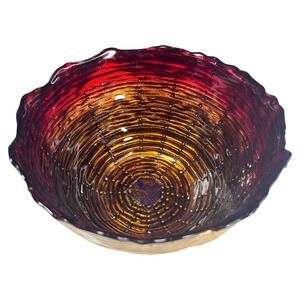 Three Hands Turkey Hand Painted Art Glass Bowl Red Gold Swirl 7"
